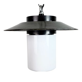 Industrial Grey Enamel Pendant Lamp with Milk Glass from Elektrosvit, 1960s For Sale