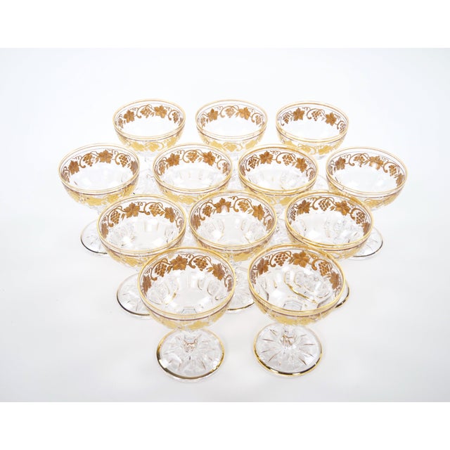 Val Saint-Lambert Val Saint Lambert Set of 12 Gilt Gold-Decorated Champagne Coupe Glass Service For Sale - Image 4 of 13