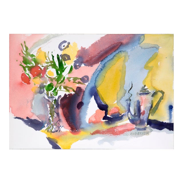 Abstract Still Life With Bouquet and Teapot in Watercolor on Paper by Les Anderson For Sale