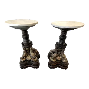 Vintage Dolphin Pedestal Tables Made of Solid Wood, Metal, and Marble- a Pair