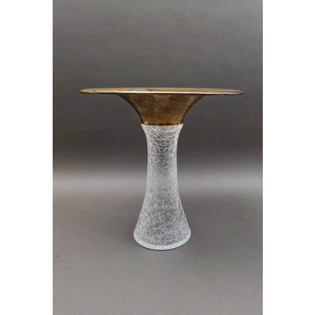 Mid-Century Modern Mid 20th Century Vetri Murano Italy Signed Flared Sterling Silver Rim Crackle Glass Vase For Sale - Image 3 of 8