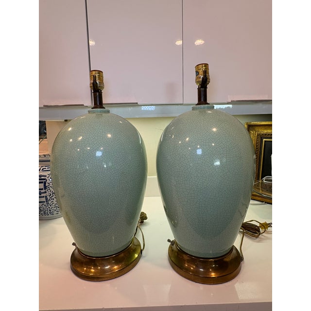 Ralph Lauren Vintage Crackle Celadon Porcelain Lamps With Brass Base & Silk Shades – A Pair For Sale - Image 4 of 16