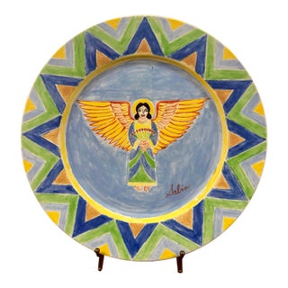 Mark Sabin Signed Folk Art Angel Hand-Painted Ceramic Plate For Sale