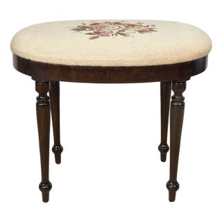 Antique Traditional Mahogany Floral Needlepoint Oval Vanity Seat Stool For Sale