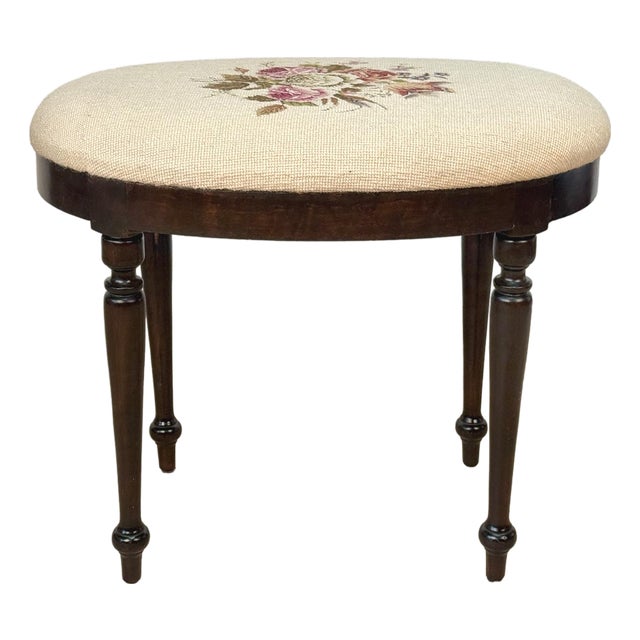 Antique Traditional Mahogany Floral Needlepoint Oval Vanity Seat Stool For Sale