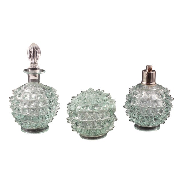 Set of 3 Blu Acquamarine Rostrato Murano Syle Glass Vases Barovier & Toso, 1940s For Sale