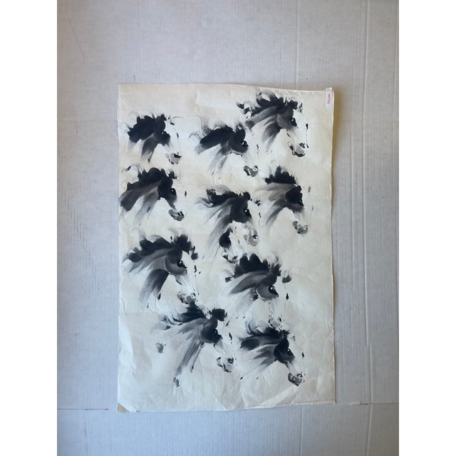 Expressive vintage ink painting on delicate rice paper by artist J.P.Gaston, featuring a rhythmic composition of multiple...