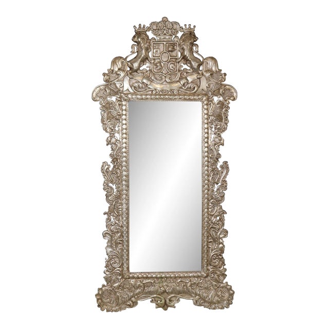 Rare Familial Coat of Arms Nickel Plated Cladded Wooden English Mirror For Sale