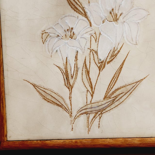 Mid-Century Modern Painted Floral Tile, Oak Frame, McM, Artwork For Sale - Image 3 of 5