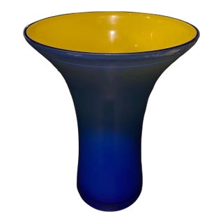 Mid 20th Century Blue and Yellow Holmeggard Trumpet Vase For Sale