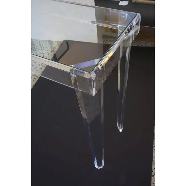 Modern Lucite and Clear Glass Console Table 60" width - design center's floor sample. This stylish and chic clean-lined...