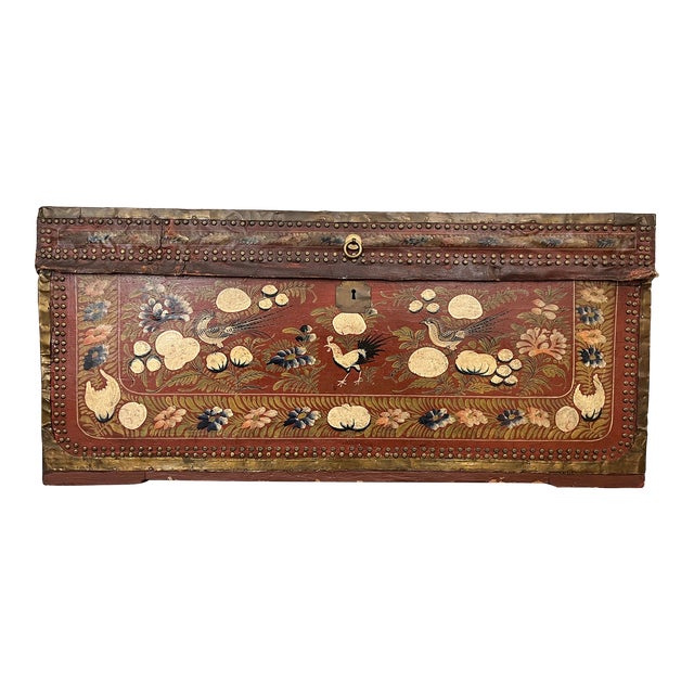Antique Chinese Export Trunk With Polychrome Decoration, 19th Century For Sale