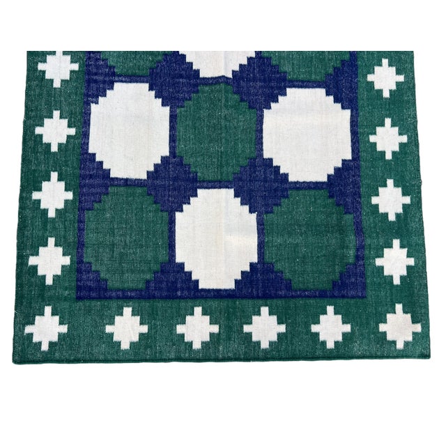 Handmade Woolen Dhurrie Runner, Vegetable Dyed Forest Green, Navy Blue Tile Runner- 4'x10' For Sale - Image 10 of 11