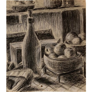 1954 "Wine and Fruit" Original Mid Century Charcoal Still Life on Paper by Frank J. Bette For Sale