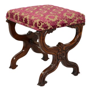 Carved Mahogany Curule Form Upholstered Stool With New Velvet Upholstery English, Circa 1890 For Sale