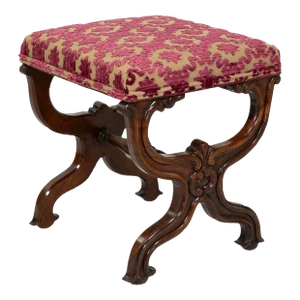 Carved Mahogany Curule Form Upholstered Stool With New Velvet Upholstery English, Circa 1890