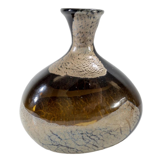 Mid-Century Art Glass Hand-Blown Olive Green and Silver Vase For Sale