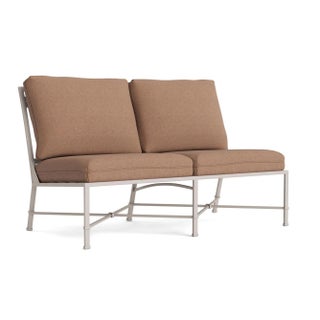 Brown Jordan Venetian Armless Loveseat, Dove frame with Fusion Clay fabric For Sale