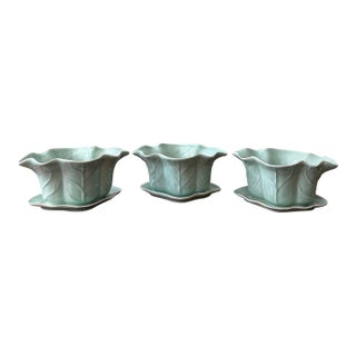 Set of 3 Vintage Chinese Longquan Celadon Cabbage Leaf Planters With Underplates For Sale