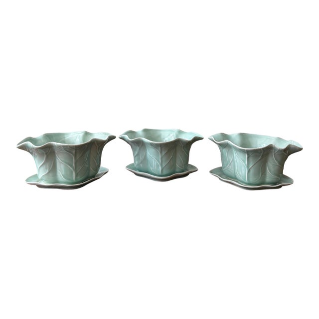 Set of 3 Vintage Chinese Longquan Celadon Cabbage Leaf Planters With Underplates For Sale