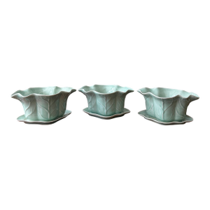 Set of 3 Vintage Chinese Longquan Celadon Cabbage Leaf Planters With Underplates