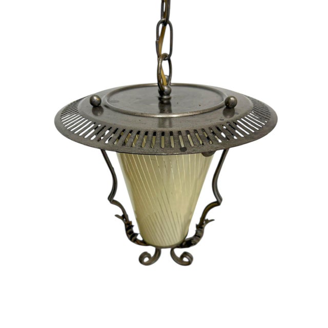 Lantern Pendant Lamp in Wrought Iron and Glass, 1950s For Sale - Image 11 of 13