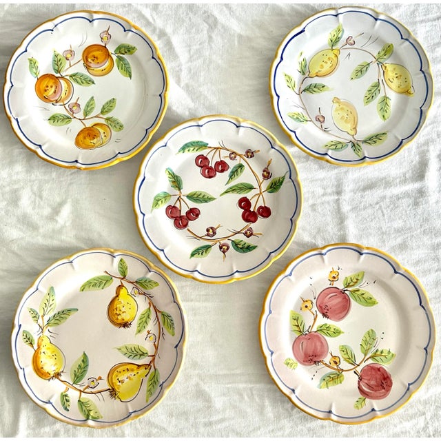 Ceramic Mid 20th Century Gump’s Vintage Italian Hand Painted Scalloped Stoneware Fruit Plates- a Set For Sale - Image 7 of 9