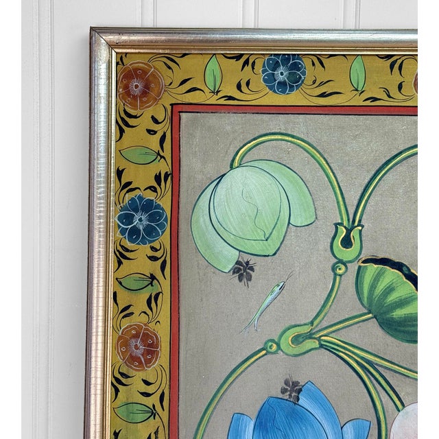 Mid 20th Century Vintage 4x6 Hindu Lotus Pond Pichwai Framed Wall Panel Art For Sale - Image 5 of 12