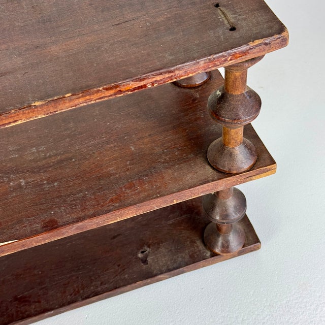 Vintage French Salvaged Bobbin Reels 3 Tier Wood Shelving Unit, Table/Counter Top Etageres For Sale - Image 11 of 18