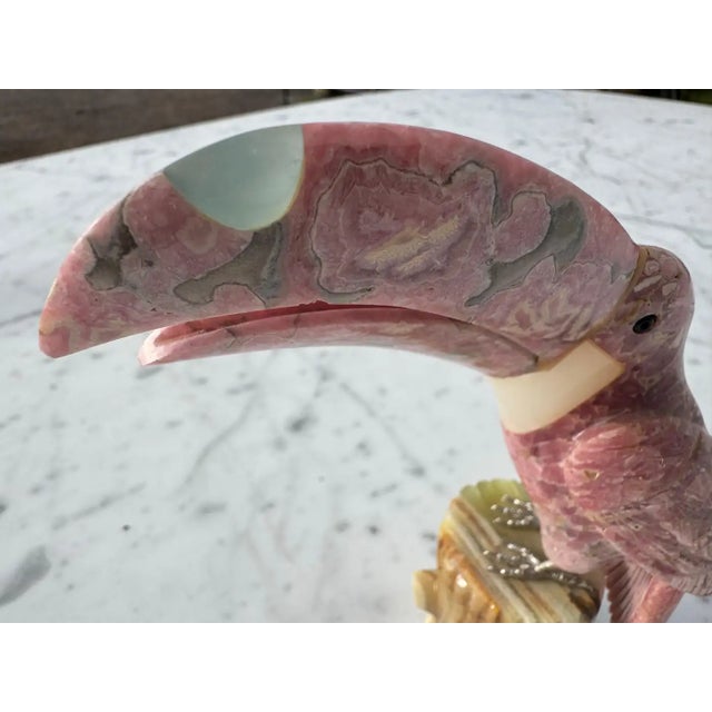 Gemstone Late 20th Century Pink Quartz Stone Toucan Parrot on Onyx Tree Stump For Sale - Image 7 of 8