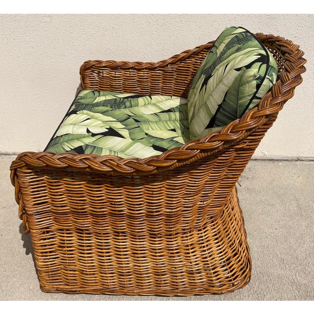 1980s Vintage Coastal Braided Wicker Lounge Chair With Palm Print