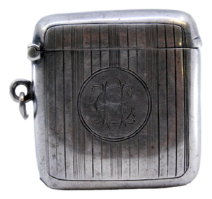 Guilloche Silver Matchbox with Bands, Monogram Card and Hinged Lid