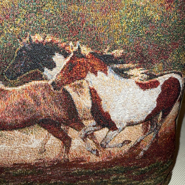 Vintage Rustic Equestrian Tapestry Horse Pillows, a Pair For Sale - Image 4 of 7