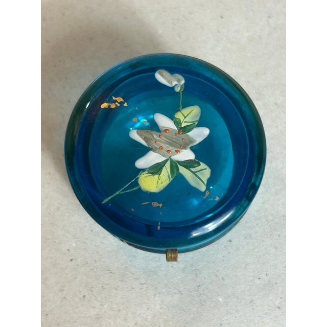 Antique Victorian Trinket Box (snuff/pill/jewelry) Floral Painted Enamel Blue Glass Bohemian Attributed to Moser, unmarked...