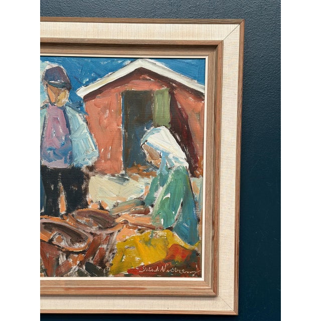Svend Nielsen, Figures at the Fish Shed, 1950s, Oil on Canvas, Framed For Sale - Image 4 of 16