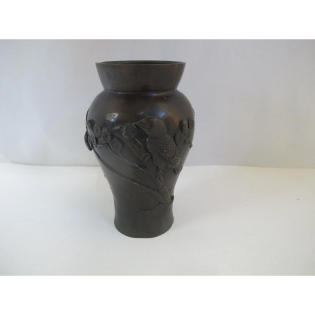 Metal Vintage Chinese Asian Flower Bronze Vase W/Bird Blossom & Bamboo Design For Sale - Image 7 of 8