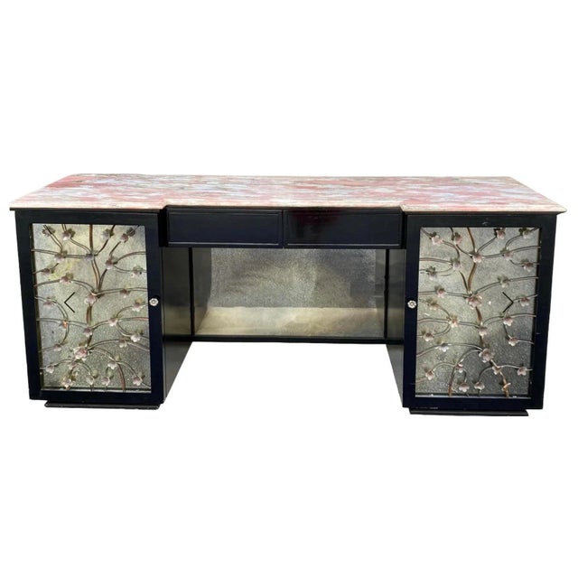 1960s Hollywood Regency Lacquered & Mirrored Credenza / Vanity / Desk /Sideboard W/ Pink Marble & Tole Doo For Sale - Image 5 of 5