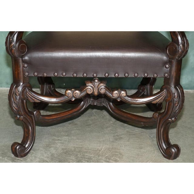 Antique Victorian Carolean Mahogany and Leather Throne Armchairs, 1880, Set of 2 For Sale - Image 12 of 18