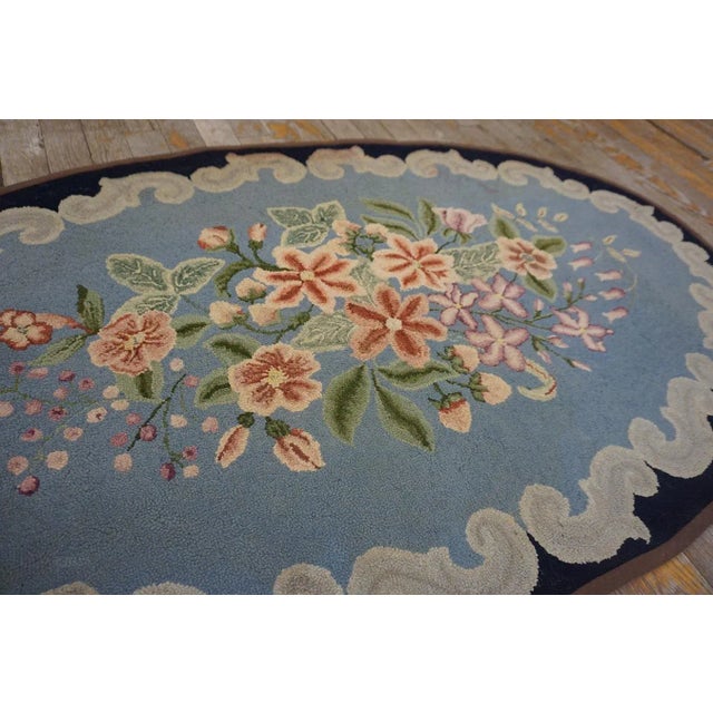 Vintage Mid Century Floral Light Blue Folk Art American Hooked Oval Rug For Sale - Image 4 of 6