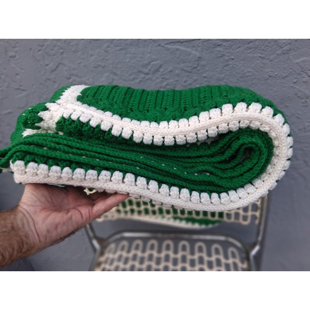 Green 1960's Hand Knit Green/ White Blanket- Very Clean For Sale - Image 8 of 12
