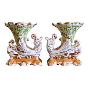 Pair of Green and Gilt Decorated Porcelain Cornucopia Vases