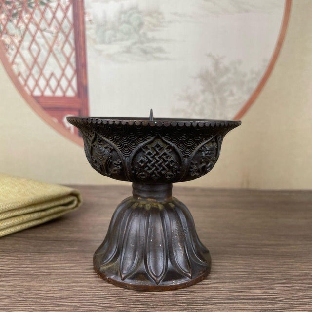 Traditional Pair of Bronze Lotus Candlesticks – 3.1" Eight Treasures Altar Candle Holders For Sale - Image 3 of 11