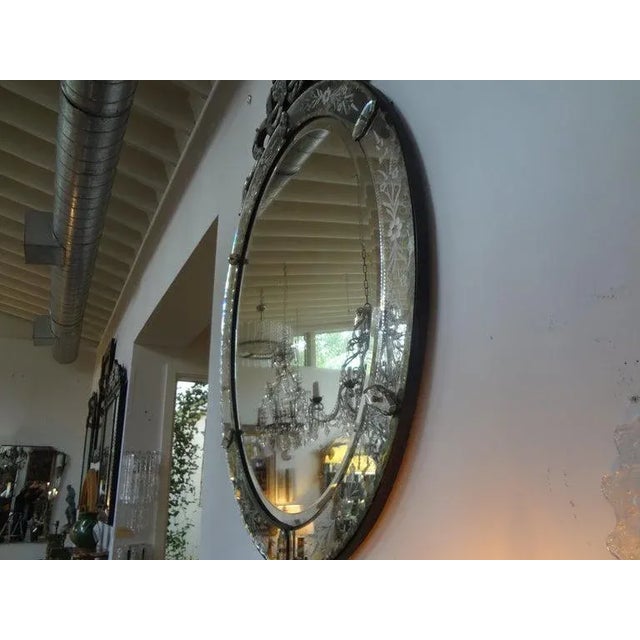 Large Antique Oval Etched Venetian Mirror With Bow For Sale - Image 10 of 12