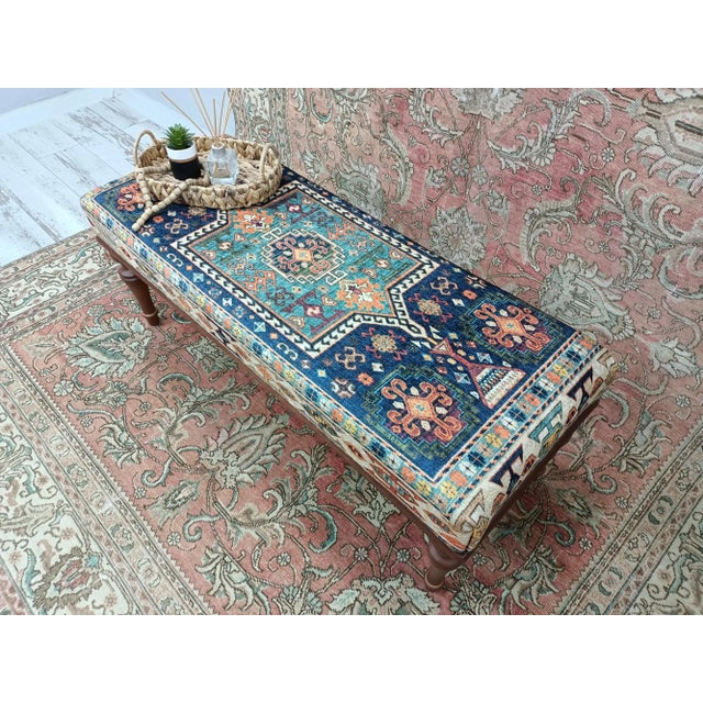 Cornflower Blue Blue Rug Print Fabric Upholstered Bench For Sale - Image 8 of 9