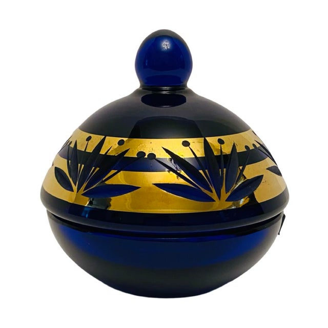 Art Deco Irene Cobalt Blue Glass Lidded Dish Cut Glass Elegant Glass Poland. Very good overall preowned condition....