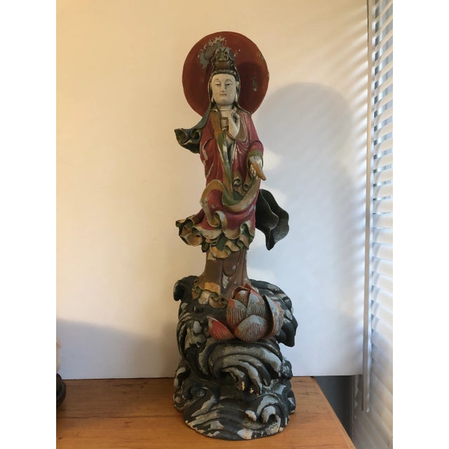 Black Chinese Carved Wood Standing Figure of Guanyin For Sale - Image 8 of 8