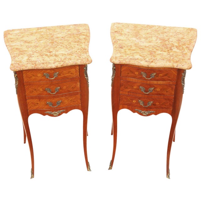 Antique Marquetry Bedside Tables with Marble Tops, 1940s, Set of 2 For Sale - Image 4 of 8