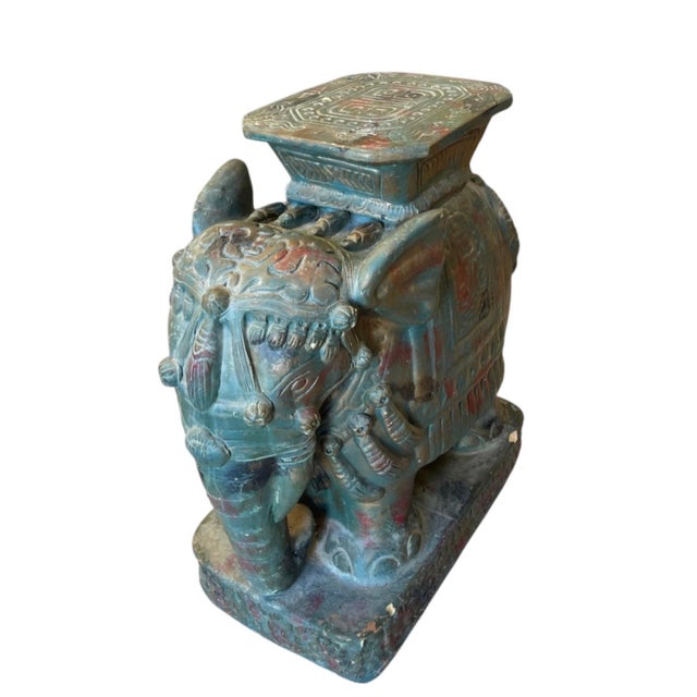 Traditional Majestic Vintage Distressed Ceramic Elephant Garden Seat For Sale - Image 3 of 12