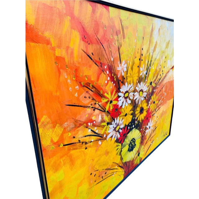 Large floral abstract oil on canvas by Adams. Heavy impasto abstract canvas with brown, black, white, orange, red, and...