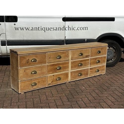 Pine Bank of 12 Deep Shop Drawers For Sale - Image 4 of 11
